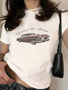 Camiseta de manga corta y cuello redondo ajustada con gráfico de coche vintage rojo para mujer, jersey de verano - Blanco - Ver 1
