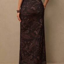 Freevana Women's Casual Bohemian Retro Western Paisley Cashew Flower Print Versatile Brown Knit Skirt, Suitable For Spring, Music Festival - Blanco y Negro - Ver 3