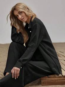 Conjunto camisa larga bajo con abertura con pantalones de pierna ancha - Negro - Ver 3