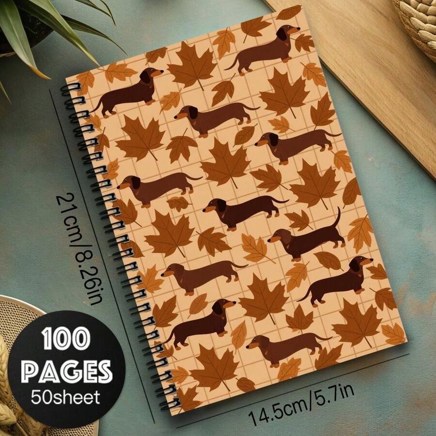 1pc Lined Spiral Notebook - Cartoon Dachshund & Autumn Maple Leaf Design, Cute Stationery For Office & Study, Unique Gift For Female/Male Colleagues & Friends, Office Planner