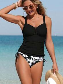 Swim Lushoire 2 piezas Traje de baño tipo tankini para mujer, torso fruncido con acabado en forma de U y estampado floral, casual y cómodo para nadar de vacaciones - Blanco y Negro - Ver 4