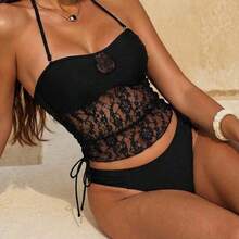 Women's Summer Beach Contrast Lace Halter Tie Sexy Tankini Swimsuit Set - Negro - Ver 7