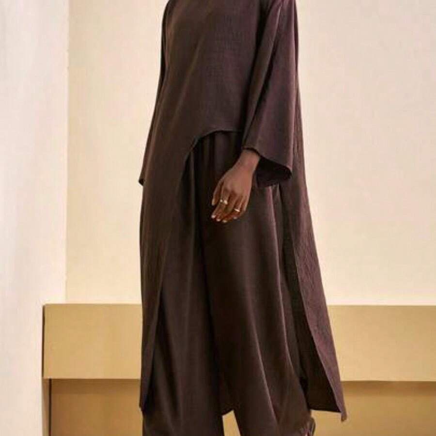 2026 Spring/Summer New Casual Commuting Loose Linen Material Brown Bat Sleeve Irregular Hem Blouse + High Waist Wide-Leg Pant Women Two Pieces Set, Suitable For Christmas, New Year, Daily Travel, Festivals, Shopping, Travel, Brunch Clothes, Airport Clothes, Party, Dates,Back To School-Z - Marrón - Ver 1