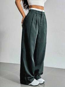 Pantalones anchos de mujer con pliegues y rayas, con cintura de bloques de color para otoño/invierno - Verde Oscuro - Ver 1