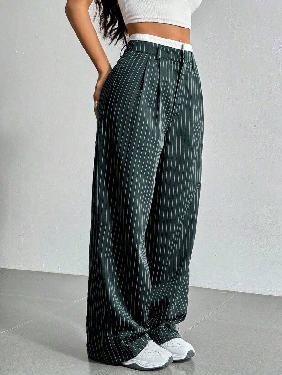 Pantalones anchos de mujer con pliegues y rayas, con cintura de bloques de color para otoño/invierno - Verde Oscuro - Ver 1