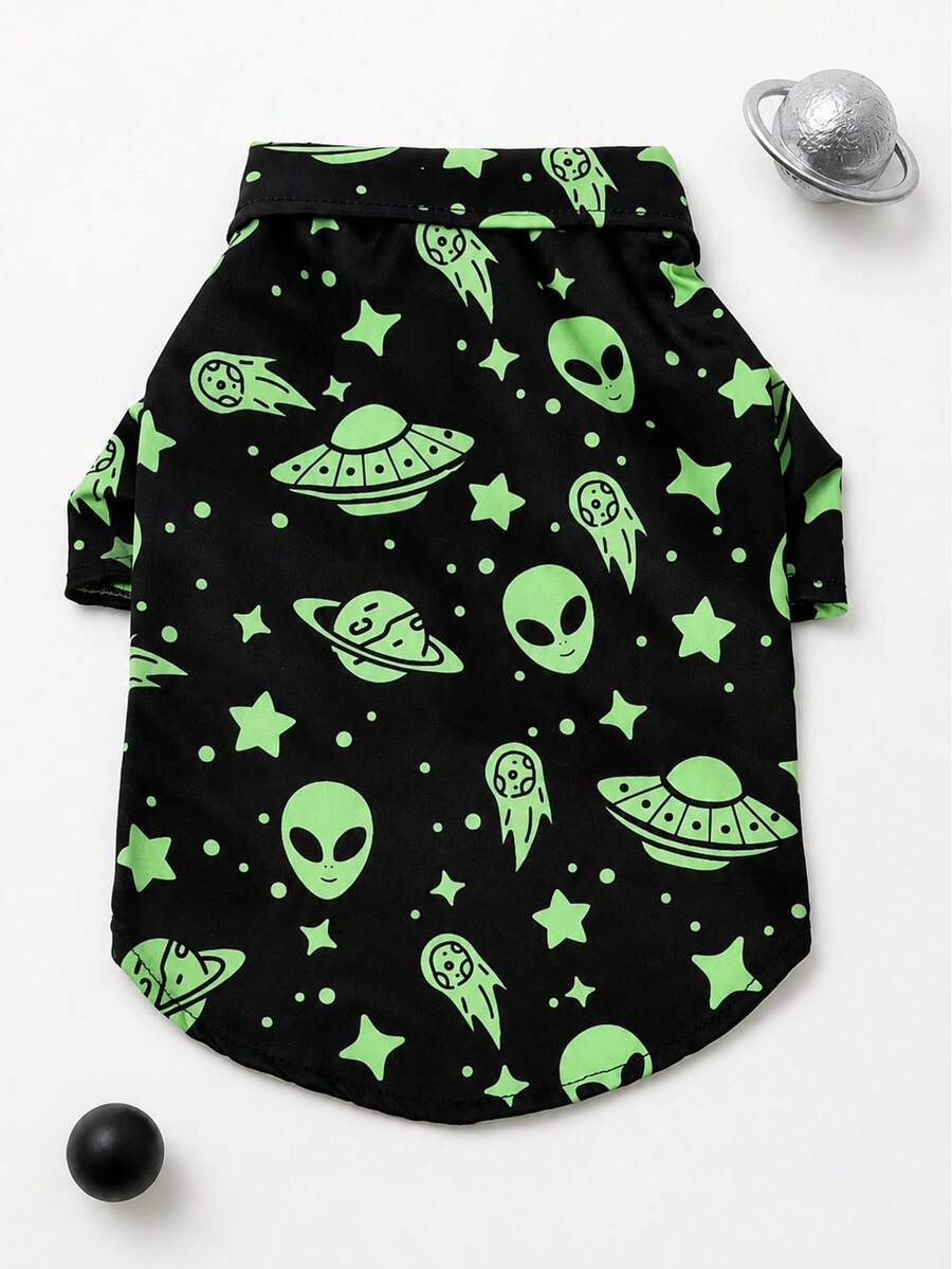 LUCKIE PAL 1pc Black Alien Spaceship Funny Print Casual Fashionable Summer Pet Shirt, Suitable For Cats And Dogs Indoor And Outdoor - Black - View 1