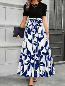 Vestido elegante de línea A con mangas abullonadas, decoración de lazo, diseño de bloques de color, cuello redondo, lavable a máquina, vestido casual para primavera/verano, adecuado para ir al trabajo, fiestas, playa, ocasiones de alta gama y vacaciones, color negro - Azul y blanco - Ver 1