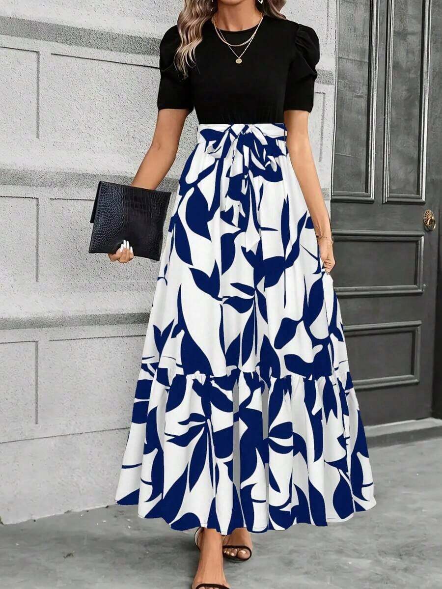 Vestido elegante de línea A con mangas abullonadas, decoración de lazo, diseño de bloques de color, cuello redondo, lavable a máquina, vestido casual para primavera/verano, adecuado para ir al trabajo, fiestas, playa, ocasiones de alta gama y vacaciones, color negro - Azul y blanco - Ver 1