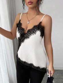 Camiseta de mujer elegante con parches de encaje y lunares - Blanco - Ver 6