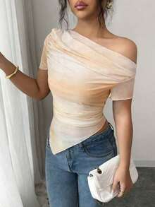 Camiseta de manga corta con hombros oblicuos y estampado de teñido anudado para mujer - Albaricoque - Ver 1