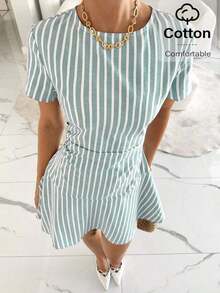 Vestido corto casual de mujer con cuello redondo y mangas cortas, vestido corto casual de manga corta, vestido corto casual de verano, vestido de mujer de nueva llegada a rayas - Verde - Ver 6