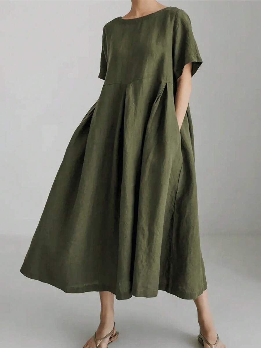 Vestido de lino suelto, casual, elegante y cómodo para mujer.Vestido largo suelto de manga corta, con bolsillo, cuello redondo y unicolor.Ajuste relajado para el verano - Verde - Ver 1
