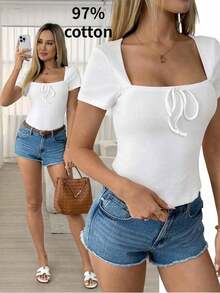 Camiseta de mujer de manga corta con cuello cuadrado, decoración de mariposa, textura jacquard de unicolor, primavera/verano - Blanco 2 - Ver 2