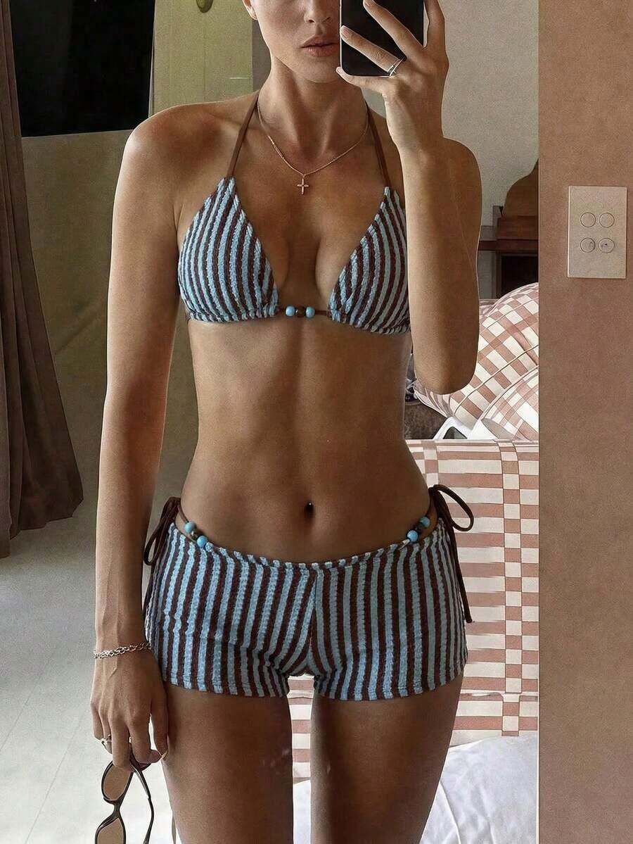 Conjunto de traje de baño de verano para mujer, elegante, romántico, casual, dulce, lindo y sexy.Conjunto básico y versátil de top de bikini halter con estampado floral azul y blanco, Bottom triangular y shorts, apto para playa, resort, spa, lun - Multicolor 6 - Ver 1