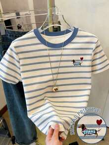 Camiseta de mujer con paneles de imitación de denim a rayas / Estampado de Dachshund / Uso diario casual / Verano - Multicolor 8 - Ver 4