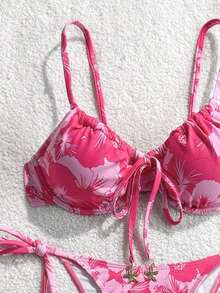 Conjunto de bikini para mujer con top de tirantes con aros y sujetador push-up con estampado digital y Bottom con lazos laterales, para primavera/verano - Multicolor 2 - Ver 4