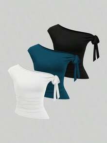 Set de 3 camisetas casuales de mujer en unicolor con hombros oblicuos y cómodas - Multicolor 15 - Ver 1