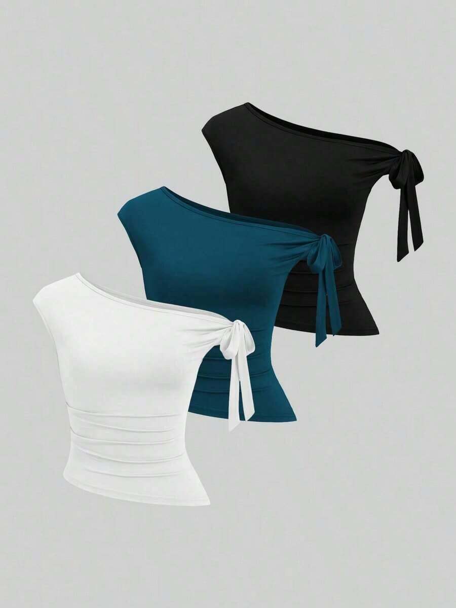 Set de 3 camisetas casuales de mujer en unicolor con hombros oblicuos y cómodas - Multicolor 15 - Ver 1