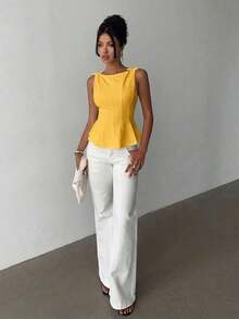 sin mangas elegante para ir a la oficina, diseño minimalista, casual de negocios para mujer, ropa de oficina, salir, para maestras, blusa casual para mujer, blusa social para mujer - amarillo ganso - Ver 3