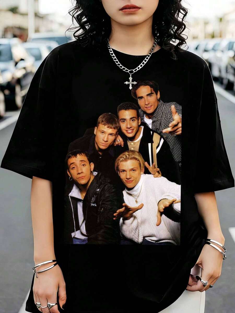 Oversized Black T-Shirt With A Photo Print Of The Group B-BackstreetSS Boys, Retro 90s Style - Black - View 1