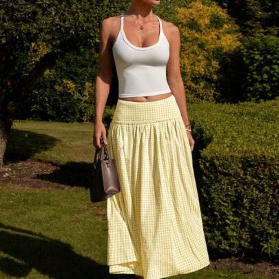 Women's Long Floral Print Wide Waist A-Line Skirt, Countryside & Holiday Style, Summer - Verde - Ver 1