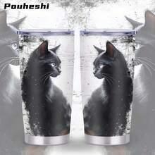 20oz Black Cat 3D Printed Stainless Steel Tumbler With Handle - Shatterproof, Reusable, Hand Wash Only, Perfect Gift For Family & Friends, Commemorative Water Cup Featuring Artistic Cat Design, Reusable Drinkware | Modern Aesthetic | Durable Construction, Cat Lover Gifts - Multicolor - View 1