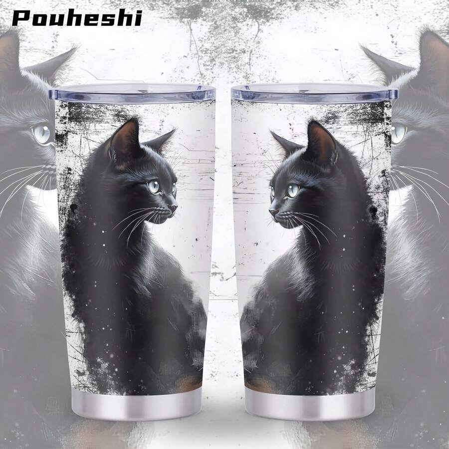 20oz Black Cat 3D Printed Stainless Steel Tumbler With Handle - Shatterproof, Reusable, Hand Wash Only, Perfect Gift For Family & Friends, Commemorative Water Cup Featuring Artistic Cat Design, Reusable Drinkware | Modern Aesthetic | Durable Construction, Cat Lover Gifts - Multicolor - View 1