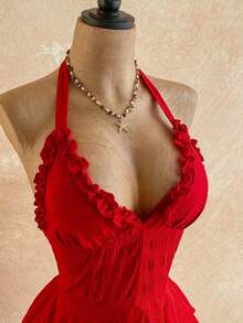 Nuevo vestido mini elegante bohemio tropical con textura, volantes y lazo en la espalda, apropiado para vacaciones, boda, graduación, San Patricio, Semana Santa, festivales de música, Día de San Valentín, Halloween, Navidad - Rojo - Ver 3