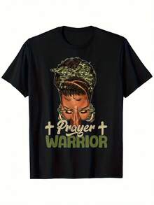 Camiseta Gráfica 'Prayer Warrior' - Camiseta Elástica Unisex con Diseño de Camuflaje y Cruz, Tejido Grueso de 180g, Corte Regular, Cuello Redondo, Ropa Casual para Todas las Temporadas, Tallas S-XXXL, Diseño Atrevido, Mismo Estilo para Hombres y Mujeres, Camiseta Estampada de Manga Corta Verano 2026 - Negro - Ver 8