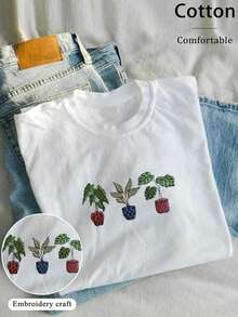 Camisa cómoda con bordado de margaritas, camisa cómoda con bordado de flores, camiseta retro de primavera, camiseta de mujer con cuello redondo y patrón bordado. - Blanco - Ver 7