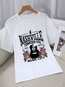 Camiseta de manga corta para mujer en negro y más opciones de color - Estampado vintage de música de Nashville con íconos de música country (guitarra, rosas, títulos de canciones) - Camiseta casual de corte holgado con cuello redondo para fans de la música country (Regalo con temática de Nashville) Y2k Camiseta Camisa De - Blanco - Ver 1