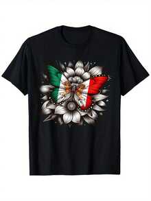 Camiseta para Hombre y Mujer que Celebra el Día de la Independencia de México, con Diseño de Mariposa. Esta camisa casual de cuello redondo y manga corta está hecha de 100% algodón con un peso de tela de 180 g, disponible en tallas regulares de S a XXXL. - Negro - Ver 1