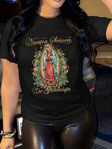 Women's Christian Faith Inspired Graphic T-Shirt - Our Lady Of Guadalupe Prayer Design In Spanish, Soft Crew Neck, Short Sleeve, Casual Top, Breathable And Comfortable For All Seasons, For Casual Outfits And Religious Events, Printed With Spanish Text "De Guadalupe". - 黑色 - 查看 7