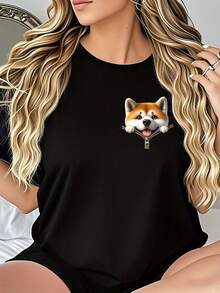 Una divertida camisa de manga corta con un diseño fácil y lindo de un cachorro Shiba Inu mirando con un patrón creativo. Este top de moda de mujer es elegante, casual y deportivo - Negro - Ver 2