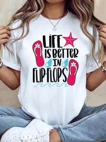 Life Is Better In Flip-Flops Starfish Print Women's T-Shirt, Beach Vacation And Summer Going Out Top, Playful And Cool Short Sleeve Style, Everyday Street Vibe Tee - 白色 - 查看 1