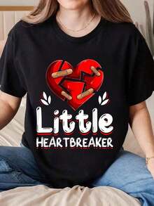 Women's Anti-Valentine's Day Tops Little Heartbreaker Women's Broken Heart T-Shirt, Funny Graphic Print For Valentine's Day, Short Sleeve, Crew Neck, 100% Cotton, Graphic Tee, Tops For Valentine's Day, Summer Tees. - 黑色 - 查看 8
