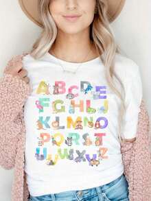 1 pieza de ropa para educadores - Camisa de maestro con letras del alfabeto y bonitos patrones de animales sobre fondo negro - Adecuada para jardín de infantes, preescolar, guardería y escuela primaria - Lavable a máquina - Regalo de cumpleaños - Colección de regreso a clases, disfraz de maestro, material suave, diseño divertido, exclusivo para maestros de preescolar - 180g 100% algodón suave - L Blanco - Ver 12