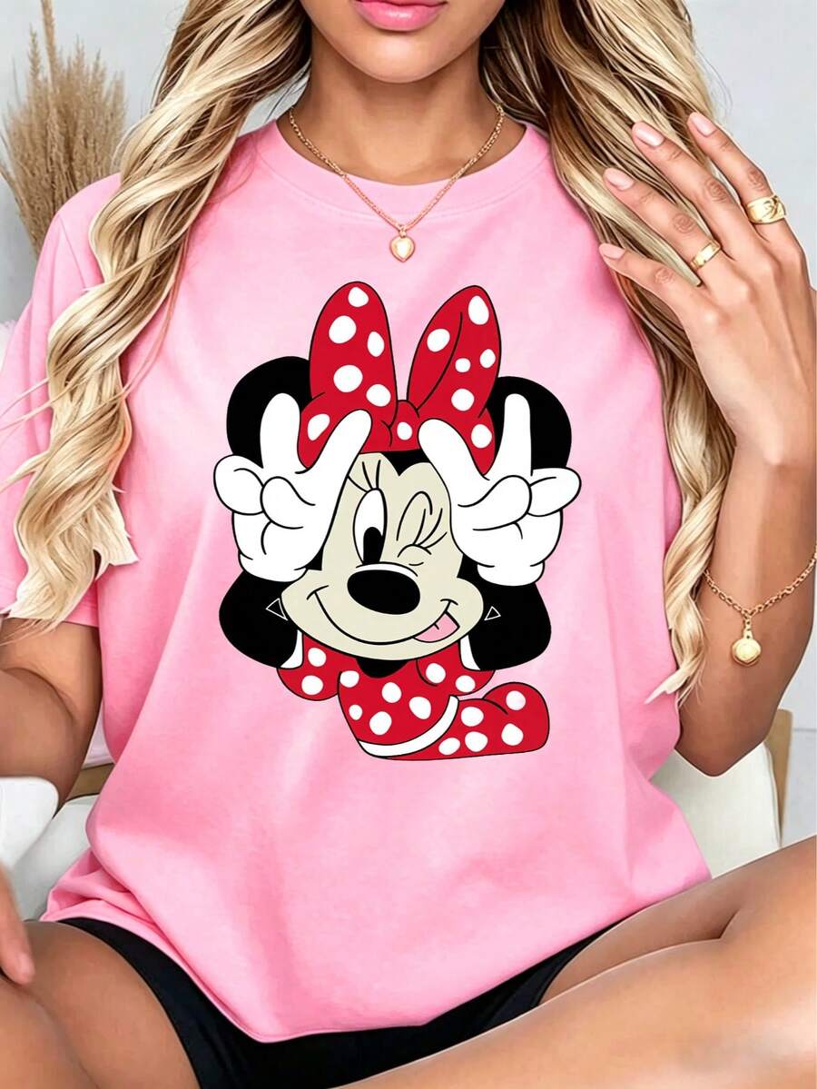 [Disney Official Authorization] This Women's Casual Cotton Crew Neck White Short-Sleeved Minnie Mouse Print Loose-Fitting T-Shirt Is Perfect For Taking Photos At Disneyland, As A Travel Souvenir, For Everyday Casual Wear, Or For Matching Family Outfits. It Also Makes An Ideal Valentine's Day Gift For Friends And Family. A New Spring Style, This Women's Clothing Is Comfortable And Skin-Friendly, Suitable For Outdoor Wear.The Sizing Runs Small; If You Prefer A Loose Fit, Please Choose One Size Up. - Pink - View 1