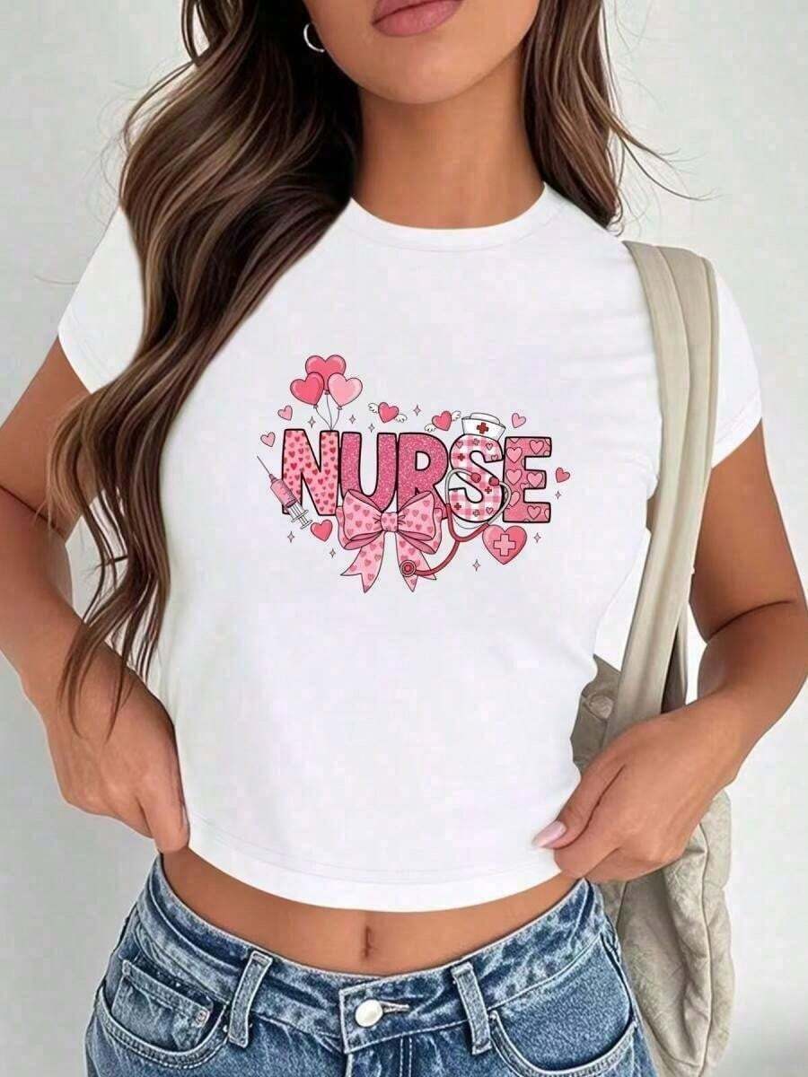 Conjunto para el Día de la Madre: Camiseta Corta para Mujer, Estilo Enfermera, Estampado de Corazón, Cuello Redondo, Manga Corta Casual, Top Corto de Moda, Estilo Atrevido, Camiseta de Algodón 100% de 220 g. Con estampado de mariposas, adecuada para niñas y mujeres, camiseta inspiradora de manga corta con cuello redondo, top de estilo Y2K estético y lindo, adecuada para actividades al aire libre, reuniones familiares, trabajo o uso diario casual y holgado - 100% algodón, suave, transpirable, top corto / camisetas cortas de mujer. - Blanco - Ver 1