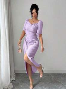 Vestido elegante ajustado con cuello de volantes, mangas de pétalos y hebilla metálica de bloque de color para mujer, primavera/verano - Morado - Ver 4