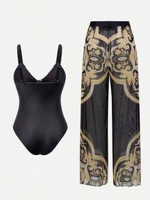 Swim Oasis Traje de baño de una pieza con camisola de patchwork de colores y pantalones de pierna ancha, adecuado para vacaciones en la playa, fiestas en la piscina y fiestas en la playa - Multicolor 2 - Ver 2