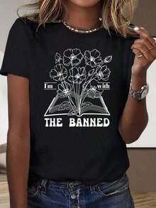 Loose Lightweight Graphic T-Shirts For Home And Outdoors, Women's Unisex White Short Sleeve T-Shirt With Floral And Forbidden Books Print, Cotton, Casual Style, Gift For Parties And Holidays, Cottno, Popular Choice Cotton Women's T-Shirt, Breathable And Sweat-Absorbent Summer Short Sleeve - 黑色 - 查看 6