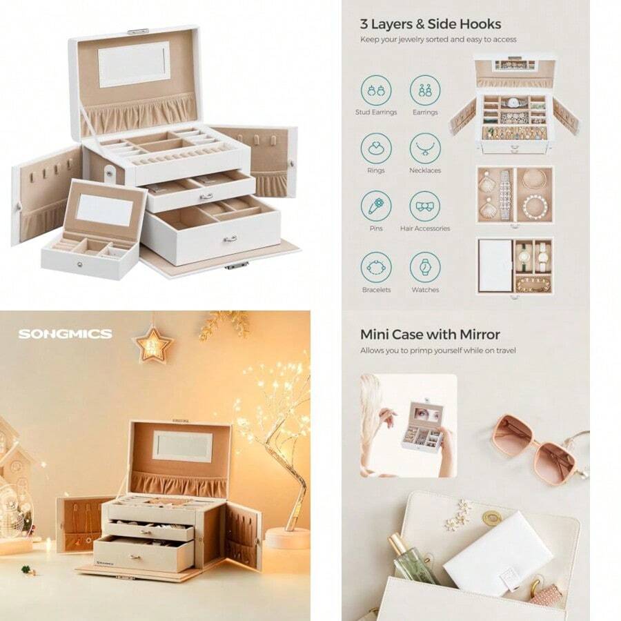 SONGMICS Caja Joyero de 3 Niveles, con 2 Cajones, con Mini Caja Portátil para Viajar, con Asa, Cerradura, Regalo Ideal, MJBC121W - Blanco - Ver 1