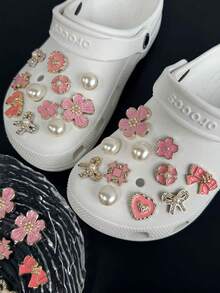 22pcs Green Turtle & Blue Starfish DIY Decorations, Detachable Shoe Clips Suitable For Sandals, Slippers, Garden Shoes, Beach Shoes - Pink Cherry Blossom Bow Set - View 5