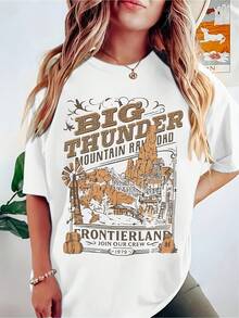 Summer New Arrival Retro Western Style Landscape Printed White Pure Cotton Loose Fit Casual Short Sleeve O-Neck T-Shirt For Daily Wear Vacation Outing Women's Comfortable Top Women's Fitted Short-Sleeve Tee With Fun Graphics, Perfect For Everyday & Casual Work Looks - 白色 - 查看 1