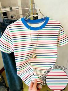 Camiseta de mujer de manga corta con cuello redondo y diseño minimalista a rayas - Multicolor 8 - Ver 1