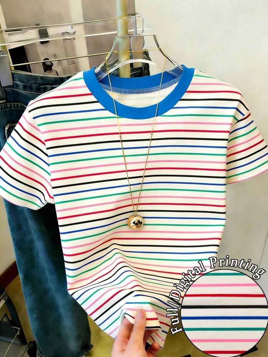 Camiseta de mujer de manga corta con cuello redondo y diseño minimalista a rayas - Multicolor 8 - Ver 1