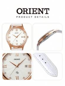 Orient 一款奢华的玫瑰金女士腕表，饰有水晶，搭配优雅的白色皮革表带、日期显示和罗马数字时标。FUNF8002W0 - 白色 - 查看 6