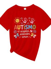 Women's Casual T-Shirt - Palm And Butterfly Print Design, Autism Awareness Theme - Printed Style - Women's Casual Sports T-Shirt - Short Sleeve, Suitable For All Seasons, Comfortable Fabric, Urban Style, Perfect For Everyday Wear, 100% Cotton - 紅色 - 查看 3
