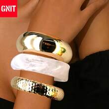 GNIT 女士金玳瑁手镯，3件套粗犷夸张可叠戴手镯，18K镀金树脂首饰套装，百搭服饰 - 透白系 - 查看 6